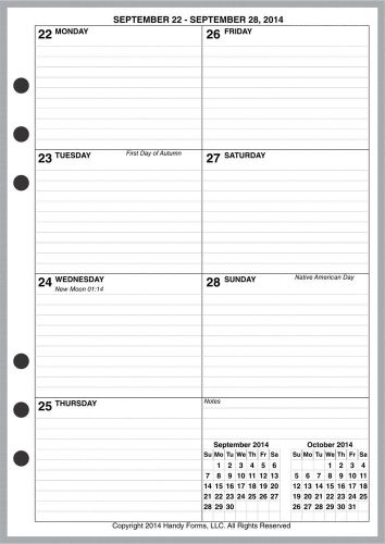 2015 A5 Size 1 Page Per Week Weekly Monthly Planner for Filofax by Handy Forms