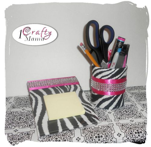 Girly GLAM BLING ZEBRA Print Hot Pink Pencil Cup &amp; Post It Note Holder Desk Set