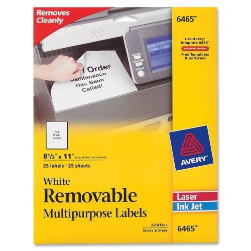 Avery Removable Label - 8.5&#034;Wx11&#034;L - 25/Pack - Laser, Inkjet - White