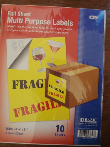 White Full Sheet Multi Purpose Labels 8 1/2 x 11 Inches Ten Sheets #3817 NEW