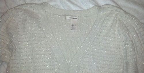 Dkny jeans gold/ivory shimmer sweater l 8/10 pointelle &amp; ribbed knit shirt top for sale