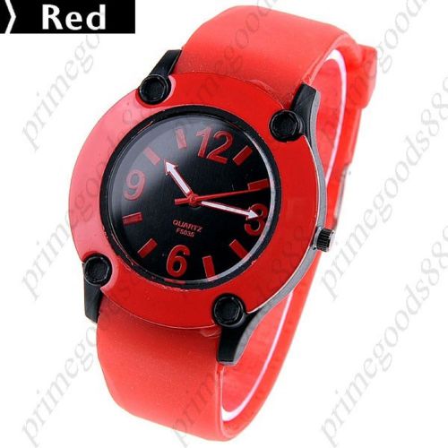 Unisex round quartz analog wrist watch rubber band in red free shipping for sale
