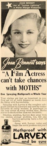 1937 Ad Larvex Mothproof Spray Odorless Joan Bennett - ORIGINAL ADVERTISING GH1
