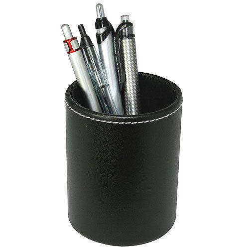 Genuine Black Leather Pen Cup Desktop Organizer