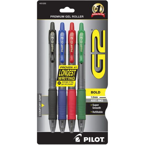 Pilot G2 Retractable Premium Gel Ink Roller Ball Pens, Bold Point, 4-Pack, Assor