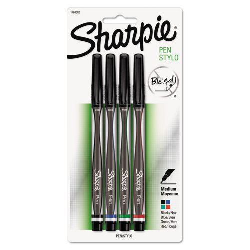 Plastic Point Stick Permanent Water Resistant Pen, Assorted Ink, Medium, 4/Set