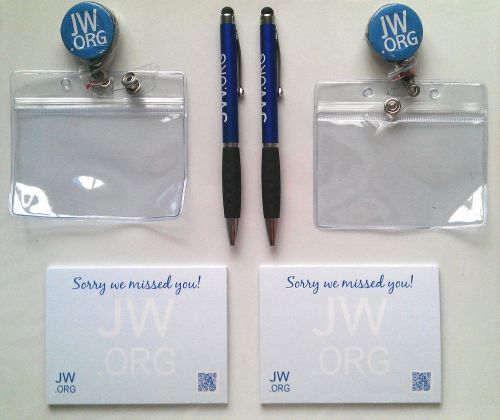 JW.ORG  Stylus Pens (2) Return Visit Sticky Notes (2), ID Badge Holders (2).