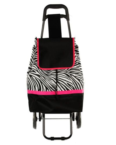 Folding Shopping Cart Bag Wheeled Rolling Utility Luggage Grocery Zebra Hot Pink