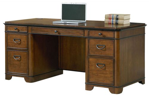 Oxford brown cherry double pedestal executive desk with file storage for sale