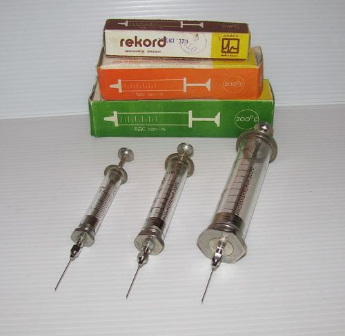 3 vtg medical brass / glass syringes 5ml&amp;2ml&amp;20ml boxed for sale