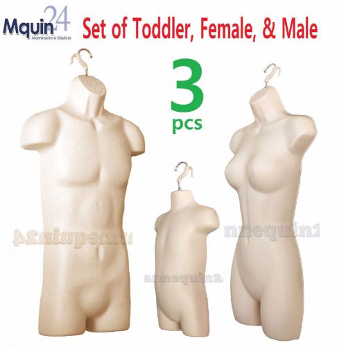 SET OF 3 MANNEQUINS : FLESH MALE FEMALE &amp; TODDLER BODY FORMS w/HOOKS for HANGING