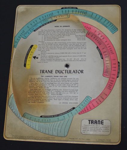 Vintage 1950 Ductulator Duct Sizing Calculator Slide Chart Graph used working