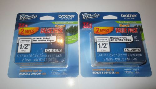 2 twin Packs Brother TZe-2312PK  P-Touch black print on white tape-sealed