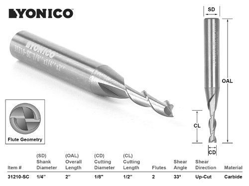 Yonico 31210-SC 1 1 CNC Router Bit Up Cut Solid Carbide 1/8-Inch X 1/2-Inch X
