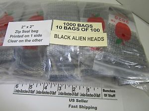 1000 BLACK ALIEN HEADS 2&#034; X 2&#034; 2 MILL PLASTIC ZIP SEAL BAGS NEW!