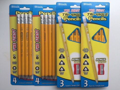 4 BAZIC #2 The First Jumbo Yellow Pencil/triangle Shape Bonus Sharpener(2/each)