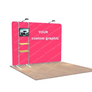 10ft Tension Fabric Trade Show Display Backdrop Wall with TV Mount Two Shelves