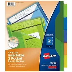 Avery 5-Tab Plastic Binder Dividers with Pockets, Insertable Multicolor Big
