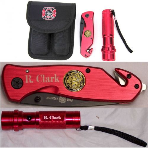 4 custom engraved firefighter knife &amp; flashlight gift sets!~you get 4 sets! for sale