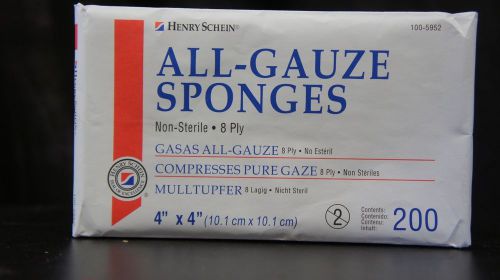 Henry schein 100-5952 all gauze sponges 8-ply 4” x 4” ~ case of 20 packs of 200 for sale