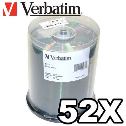 100 Verbatim 94970 52x CD-R Silver Shiny Blank CDR Disk