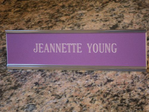 Custom engraved 2&#034; x 8&#034; purple/white sign w/silver desk holder -1 line engraved