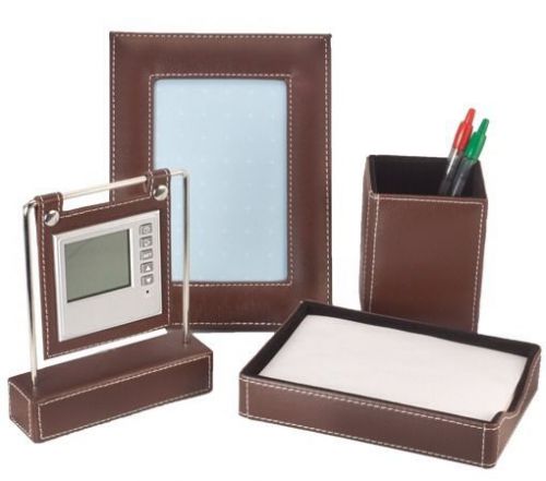 leather 4 Piece Desk set - Paper tray/Multifunctional Clock/Frame/Pencil Box