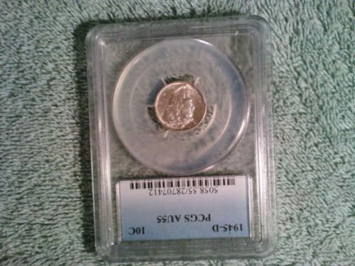 US 1945 D Graded PCGS AU55 silver mercury dime Cent very RARE