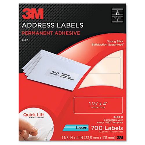 3m address label 50 / pack - clear 3400-d (3400d) 1.33&#034; width x 4&#034; length for sale