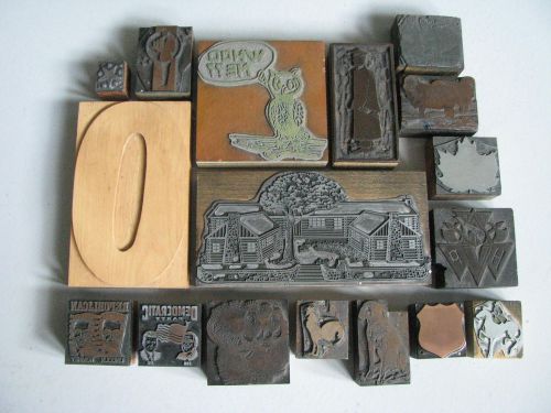 Lot of 17 early and rare printers printing blocks! wood with metal face plates! for sale