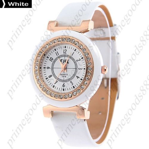 Round Rhinestones Analog PU Leather Lady Ladies Quartz Wristwatch Women&#039;s White