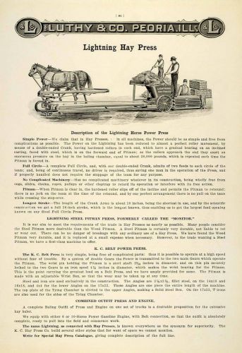 1912 Ad Antique Lightning Horse Power Hay Baling Press Farm Machine Luthy LAC2