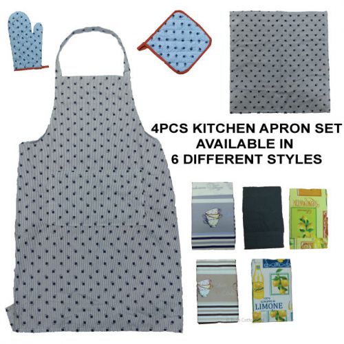 4 Pcs Kitchen Set, Apron,Glove,Napkin,Pot Holder Easycare Luxury Finsh **NEW**