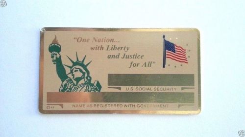 GOLD Metal Social Security ID Card Flags Statue of Liberty NEW w/Plastic Engrave