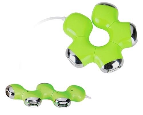 Green Twistable 4 Port USB 2.0 Snake Hub, Adjustable For Easy Access