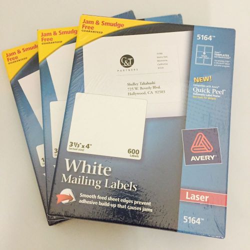 3 Boxes Sealed Avery 5164 Laser Mailing Labels 3-3/3&#034;x4.0&#034;, 1800 Labels, White