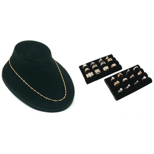 Black Flocked Necklace Bust &amp; Velvet Ring Pad Jewelry Displays Kit 3 Pcs