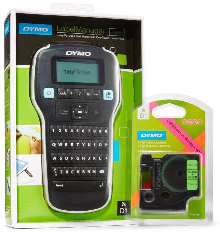 Dymo labelmanager 160 label maker with 2 bonusd1 black on neon green labels 1... for sale