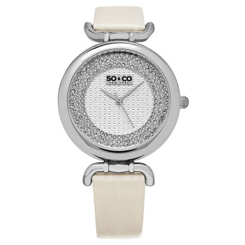 SO &amp; CO NY Women&#039;s 5264.1 Silver Dress Satin Twill Covered Leather Strap  Watch