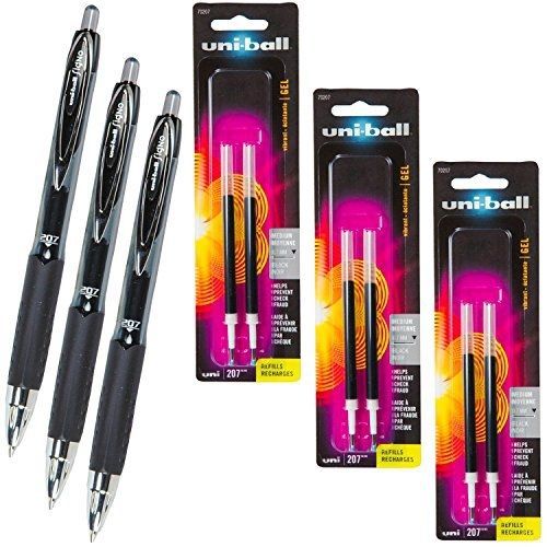 Uniball Signo 207 0.7mm Black Gel Ink Rollerball Pens 33950 with 3 Packs of