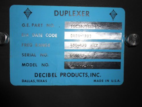 Decibel Products GE FREE SHIPPIN UHF  450-470 MHz 3 Cavity Duplexer 19C307166P1Z