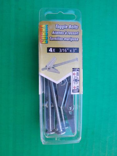 COBRA TOGGLE BOLTS Anchor 3/16&#034; x 3&#034; 1 Package Of 4 *NEW* #2
