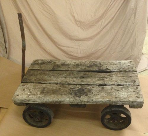 Rolling industrial cart vintage antique metal 10&#034; casters wood plank top heavy for sale
