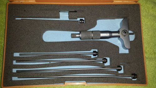 Mitutoyo depth micrometer set - 0-6&#034; range w/ 2&#034; base and plastic case for sale