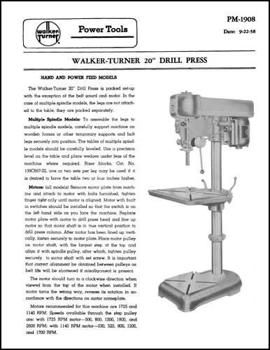 Walker-turner rockwell 20 inch drill press manual for sale