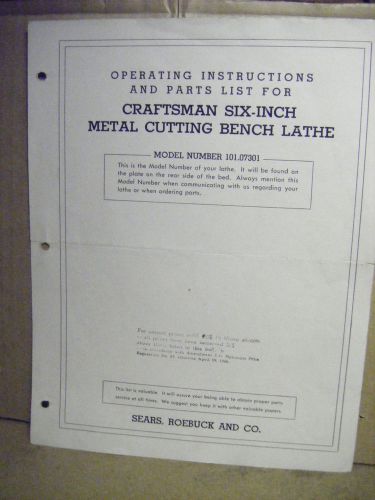 CRAFTSMAN 6&#034; Metal  Cutting  Lathe #101.07301 Instr. &amp; Parts 1946 Manual REPRINT