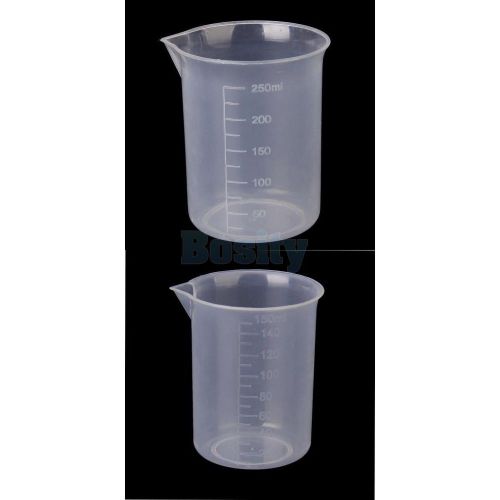 2x transparent plastic lab graduated beaker measuring cup tool 150ml + 250ml for sale
