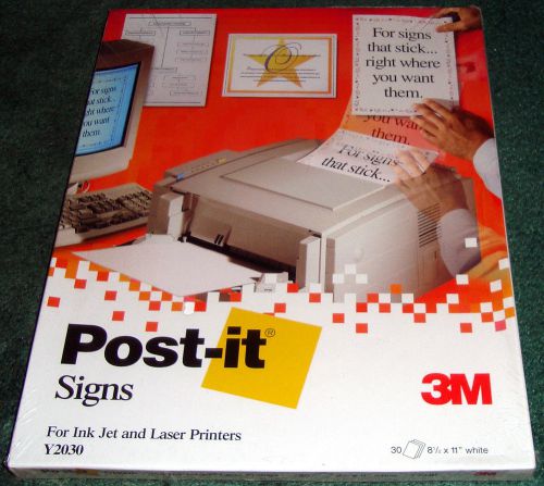 3M Printable Post-It Signs For Ink Jet &amp; Laser Printers Y2030 Sealed 30 8.5 x11