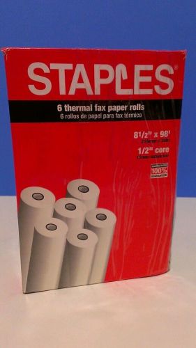 STAPLES 6 THERMAL FAX PAPER ROLLS  8 1/2&#034; x 98&#039; 269571-US NEW NEVER OPENED!!
