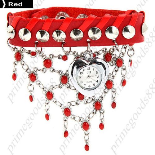 Heart Charms Charm Bangle PU Leather Quartz Lady Wrist Wristwatch Women&#039;s Red